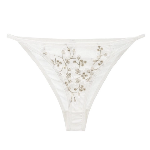 Culottes en Maille Brodée de Dentelle Française Sexy pour Femmes Taille Basse Respirant Ajouré Nylon String Slips Motif Floral Sous-vêtements