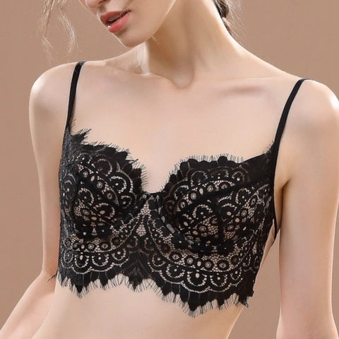 Damen Sexy Französisches Bralette Wimpernspitze Weicher Bügel Dünner BH Rückenfrei Blumen Spitze Lingerie Top Eleganter Unterwäsche