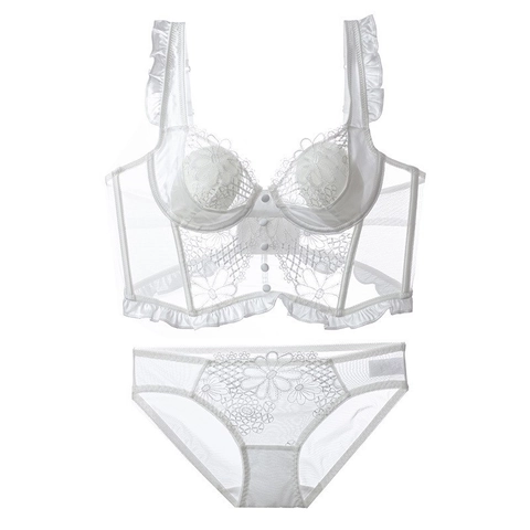 Set di Lingerie Corsetto Francese Bustino con Volant Reggiseno con Ferretto Top e Mutandine Ricamo Floreale Intimo Sexy Donna