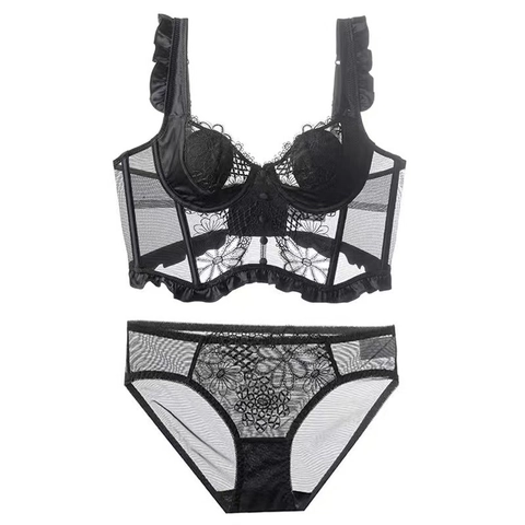 Set di Lingerie Corsetto Francese Bustino con Volant Reggiseno con Ferretto Top e Mutandine Ricamo Floreale Intimo Sexy Donna