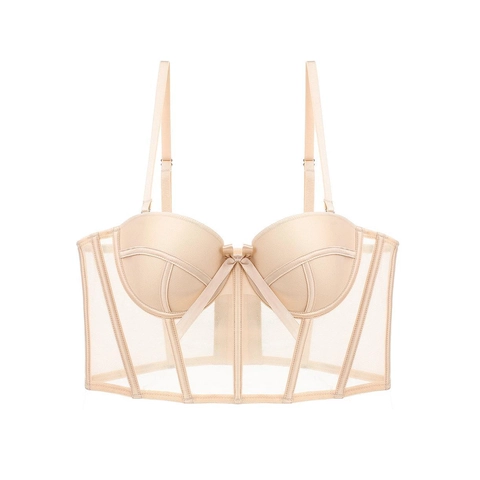 Women's French Sexy Bustier Bra With Soft Underwire Fishbone Support Mesh Push Up Longline Corset Bra For Dating Party