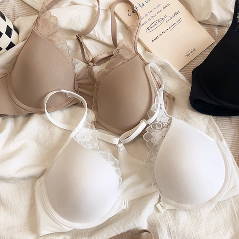 Französischer Stil Sexy Spitze BH-Set Vorderverschluss Dünne Nahtlose Push Up Lingerie Set Blumen Spitze Y-Strap Bralette Unterwäsche-Set
