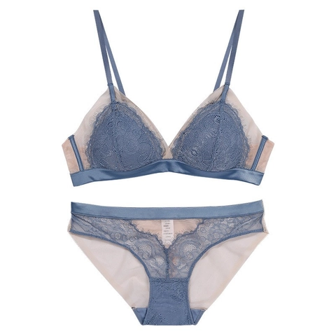 Lussuoso Completo Reggiseno e Mutandine in Pizzo Francese Senza Ferretto Coppe a Triangolo Lingerie Floreale Traspirante per Donna
