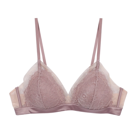 French Style Sexy Eyelash Lace Bralette For Women Wireless Triangle Cup Breathable Mesh Patchwork Satin Bottom Underwear Bra