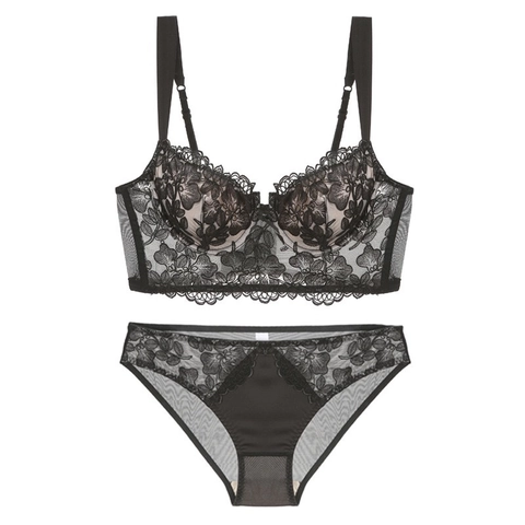 Lingerie da Donna in Stile Francese con Ricamo Floreale Pizzo Push Up Reggiseno e Mutandine con Ferretto Longline Traspirante