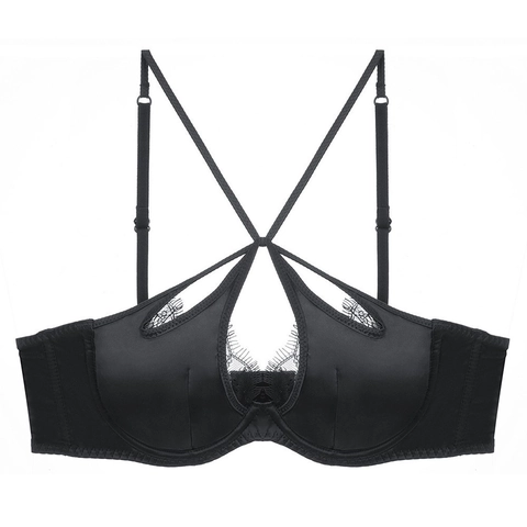 Französisch Sexy Dünner Satin Spitze BH Für Damen Überkreuzte Riemen Ausschnitt Wimpernspitze Push Up Bügel Lingerie Top
