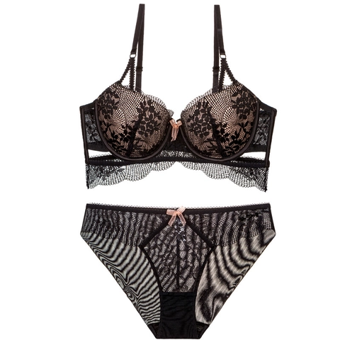 Sexy Spitze BH und Slip Set für Damen Blumen Netz Hohlraum Push Up Bügel Dessous Set mit Schleifendekoration Atmungsaktiv