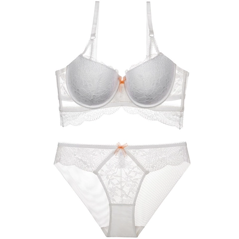 Sexy Spitze BH und Slip Set für Damen Blumen Netz Hohlraum Push Up Bügel Dessous Set mit Schleifendekoration Atmungsaktiv
