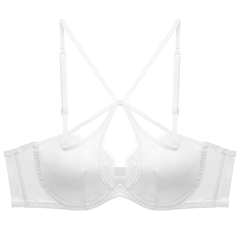 Französisch Sexy Dünner Satin Spitze BH Für Damen Überkreuzte Riemen Ausschnitt Wimpernspitze Push Up Bügel Lingerie Top