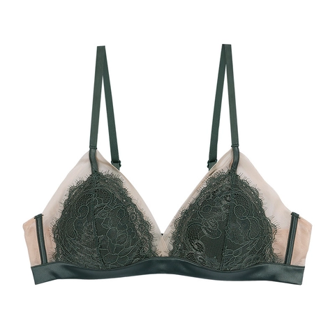 French Style Sexy Eyelash Lace Bralette For Women Wireless Triangle Cup Breathable Mesh Patchwork Satin Bottom Underwear Bra