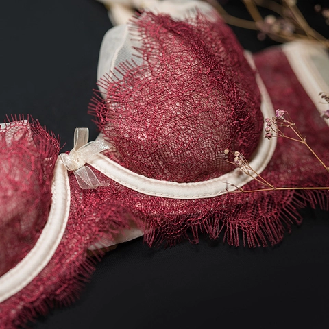 Französischer Vintage Ultradünner Spitzen BH Und Slip Weinrot Wimpernspitze Netzgewebe Spleißen Bügel Lingerie Für Damen