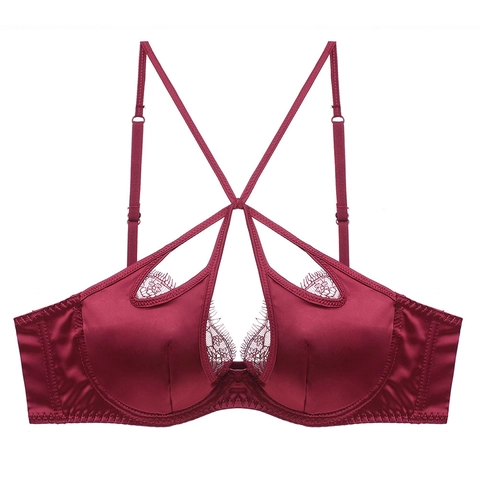 Französischer Stil Sexy Spitzen BH Für Damen Dünne Satin Lingerie Überkreuzte Riemen Hohl Wimpernspitze Weicher Bügel Unterwäsche