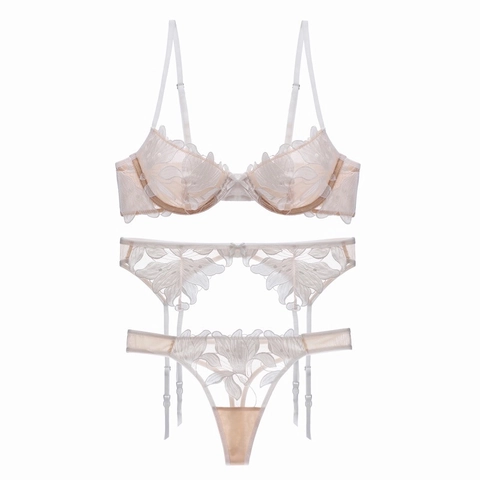 Lingerie Sexy en Dentelle à Broderie Florale pour Femmes Soutien-Gorge à Armatures Ultra-Mince avec Porte-Jarretelles et String