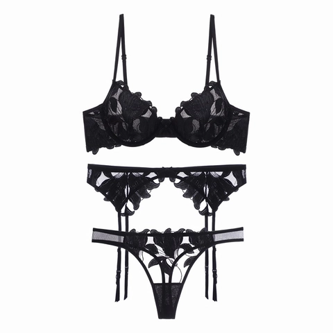 Lingerie Sexy en Dentelle à Broderie Florale pour Femmes Soutien-Gorge à Armatures Ultra-Mince avec Porte-Jarretelles et String