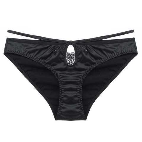 Women Sexy Satin Lace Panties Low Waist Keyhole Cutout Briefs With Bow Breathable Hip Lift Lingerie Solid Color Underwear