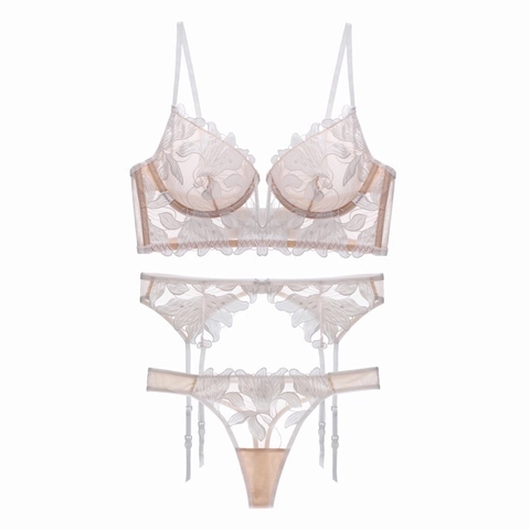 Lingerie Sexy Française Broderie Dentelle Soutien-Gorge en Maille Ultra Mince avec Porte-Jarretelles Et String Pour Femmes