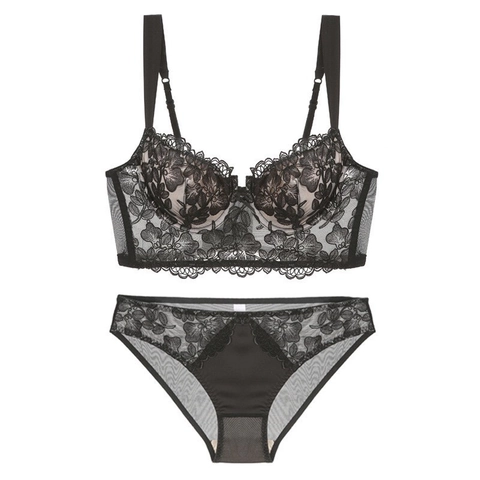 Franse Stijl Bloemen Borduurwerk Kant Push Up Beha en Slip Met Beugel Longline Ademend Elegant Vrouwen Lingerie