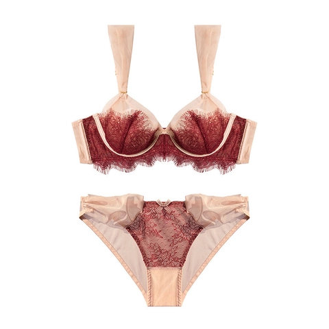 Französischer Vintage Ultradünner Spitzen BH Und Slip Weinrot Wimpernspitze Netzgewebe Spleißen Bügel Lingerie Für Damen