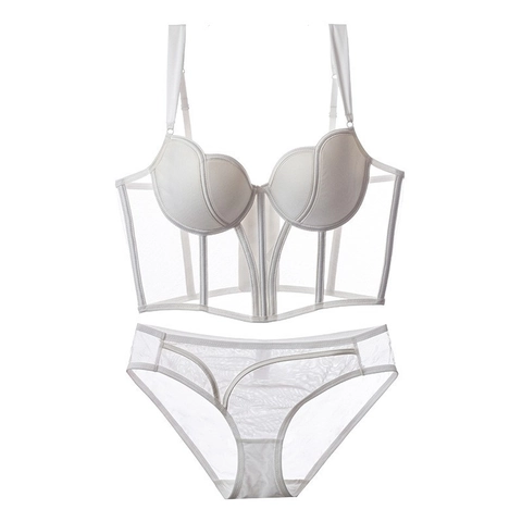 Reggiseno Corsetto A Spina Di Pesce Retrò Francese E Mutandine In Rete Intimo Sottile Push Up Per Donna Lingerie Sexy