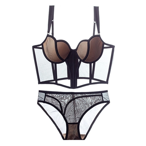Reggiseno Corsetto A Spina Di Pesce Retrò Francese E Mutandine In Rete Intimo Sottile Push Up Per Donna Lingerie Sexy