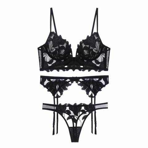 Lingerie Sexy Française Broderie Dentelle Soutien-Gorge en Maille Ultra Mince avec Porte-Jarretelles Et String Pour Femmes