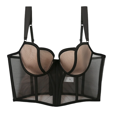 Sujetador Bustier de Malla Vintage Francés para Mujer Moldeador con Varillas Tirantes Ajustables Lencería Sexy Push Up Corsé
