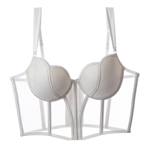 Women French Vintage Mesh Bustier Bra Fishbone Shaping Adjustable Straps Sexy Lingerie Push Up Corset Style Underwear