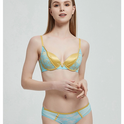 French Style Lace Bra and Panty Contrast Color Floral Embroidery Soft Underwire Push Up Sexy Lingerie For Women