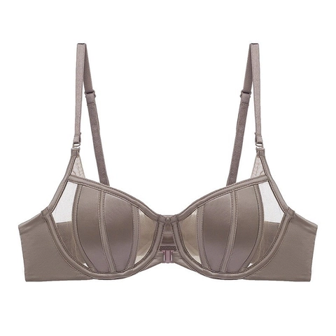French Sexy Front Buckle Rabbit Ear Thin Mold Cup Bra For Women Glossy Satin Mesh Splicing Minimizer Bra Underwire Lingerie Underwear