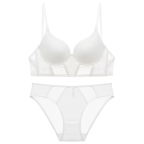 French U-Shape Backless Bra Set Sexy Seamless Mesh Lingerie Set Push Up Underwire Bra And Matching Panties For Women