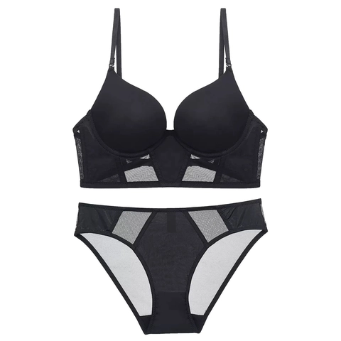 French U-Shape Backless Bra Set Sexy Seamless Mesh Lingerie Set Push Up Underwire Bra And Matching Panties For Women