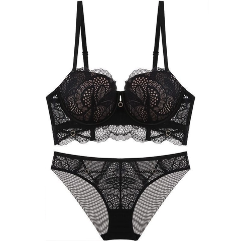 Ensemble Soutien-Gorge Et Culotte En Dentelle Sexy Style Français Broderie Florale Push Up Lingerie Respirante Pour Femmes