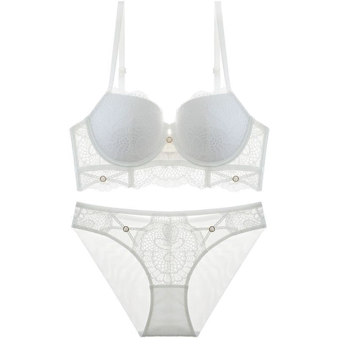 Ensemble Soutien-Gorge Et Culotte En Dentelle Sexy Style Français Broderie Florale Push Up Lingerie Respirante Pour Femmes