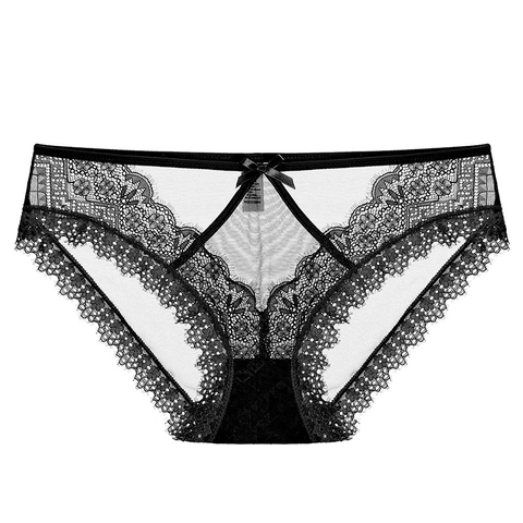 Culottes en Dentelle Sexy pour Femmes Respirant Entrejambe en Coton Ajouré Lingerie Transparente Slips Taille Basse Avec Nœud