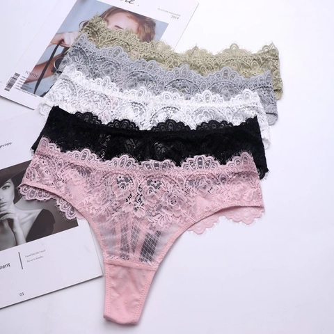 Strings Sexy en Dentelle pour Femmes Taille Basse Culottes Ajourées Respirantes Floral T-Back Lingerie Sangles Croisées
