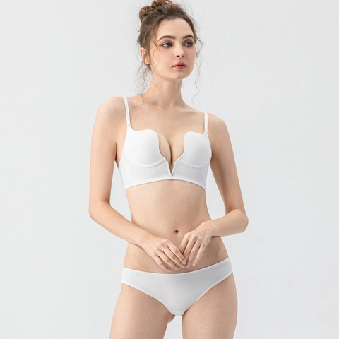 Lencería Sujetador Y Bragas Sin Costuras Francés Escote en V Profundo Espalda al Aire Push Up Con Aros Superficie Lisa Ropa Interior Mujer