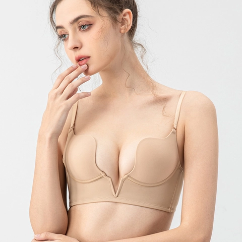 Sujetador Push Up sin Costuras Sexy para Mujer Escote en V Profundo Espalda Baja Invisible sin Aros Lingerie Tirantes Ajustables