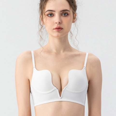 Sujetador Push Up sin Costuras Sexy para Mujer Escote en V Profundo Espalda Baja Invisible sin Aros Lingerie Tirantes Ajustables