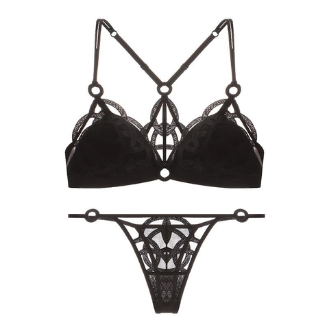 Ensemble de Lingerie Sexy Français en Maille Broderie Dentelle Ajouré Géométrique Soutien Gorge Triangle Fin et Culotte Femme