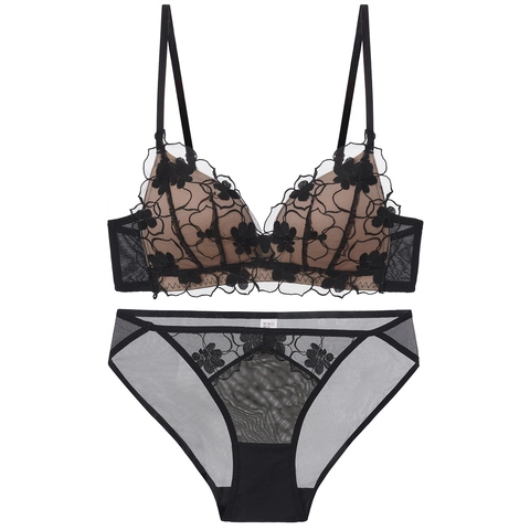 Conjunto de Lencería Sexy de Encaje Bordado Francés para Mujer Sin Aros Copa Triangular Sujetador Push Up y Bragas