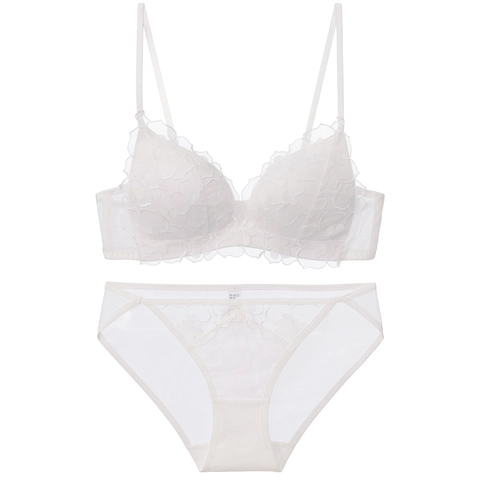 Conjunto de Lencería de Encaje Sexy Francés Sin Aros Push Up Bordado Floral Sujetador Y Bragas Espalda Cruzada para Mujer