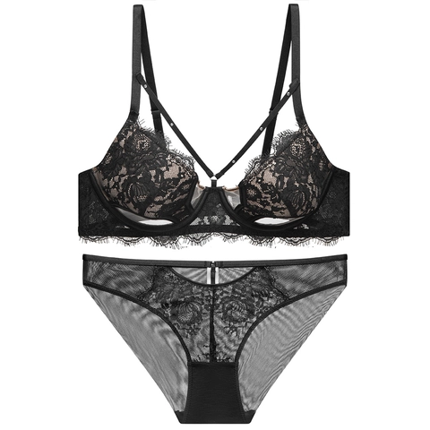 Women Sexy Lace Lingerie Set Hollow Out Floral Embroidery Underwire Bra And Panties Top And Panties Set Lingerie