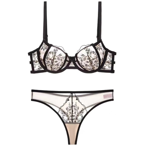 Ensemble de Lingerie Sexy en Dentelle Brodée Française Avec Soutien-gorge à Armatures et String Assorti Lingerie en Maille Florale pour Femmes