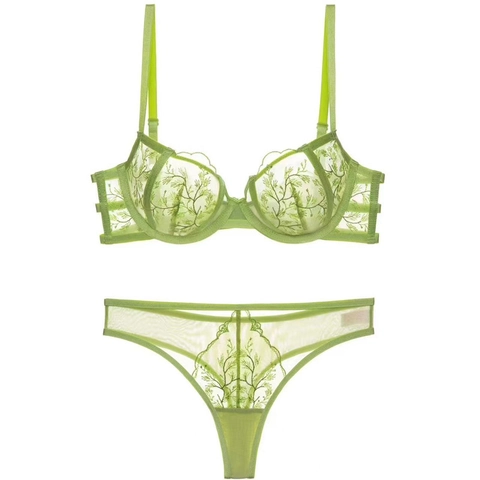 Ensemble de Lingerie Sexy en Dentelle Brodée Française Avec Soutien-gorge à Armatures et String Assorti Lingerie en Maille Florale pour Femmes