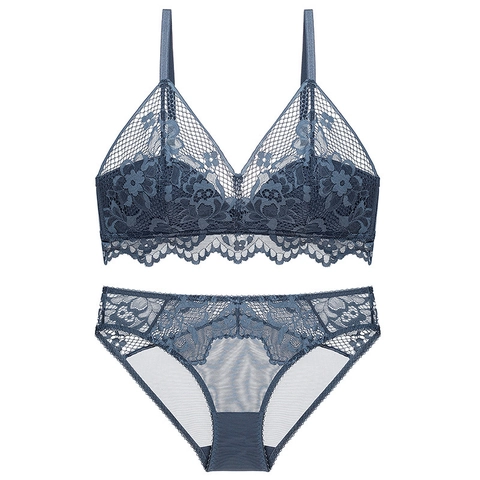 Französischer Sexy Spitzen BH Und Slip Kabelloses Triangel Cup Design Minimizer Blumennetz Atmungsaktive Wäsche Für Damen