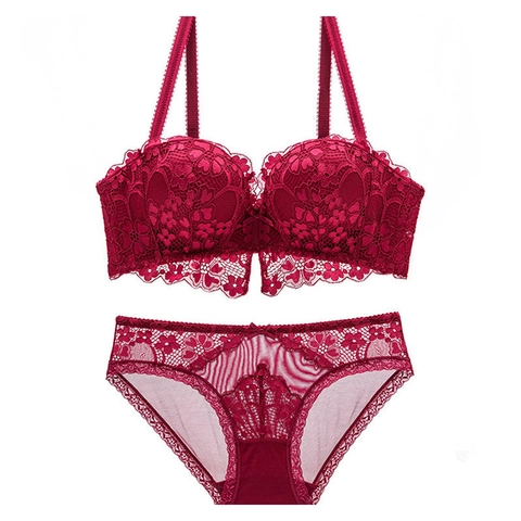Lencería de Encaje Floral Estilo Francés Sexy para Mujer Sujetador Push Up Transpirable Ropa Interior Top And Bottom