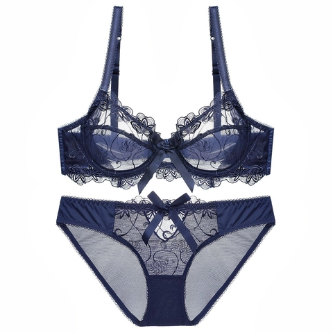 Sexy Ultradünne Transparente Blumen Spitze BH und Slip Kollektion Für Damen Stickerei Unterwäsche Dessous mit Schleife
