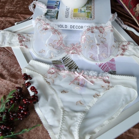 Damen Sexy Spitze Dessous Set Ultradünne Transparente Blumenstickerei Bügel BH Und Passende Unterhose Französischer Stil Top Unten