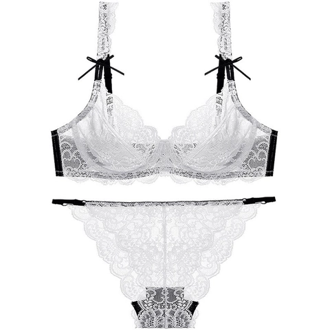 Sexy Spitze Dessous Set Damen Ultradünne Transparente Blumenstickerei BH Und Unterwäsche Mit Bügel Schleife Dekor Set