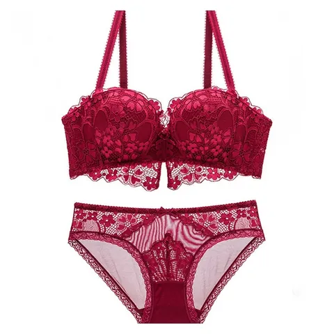 Ensemble Lingerie Femme Sexy Dentelle Française Soutien-Gorge Push Up Brodé Floral Avec Culotte en Résille Bordeaux Blanc Noir